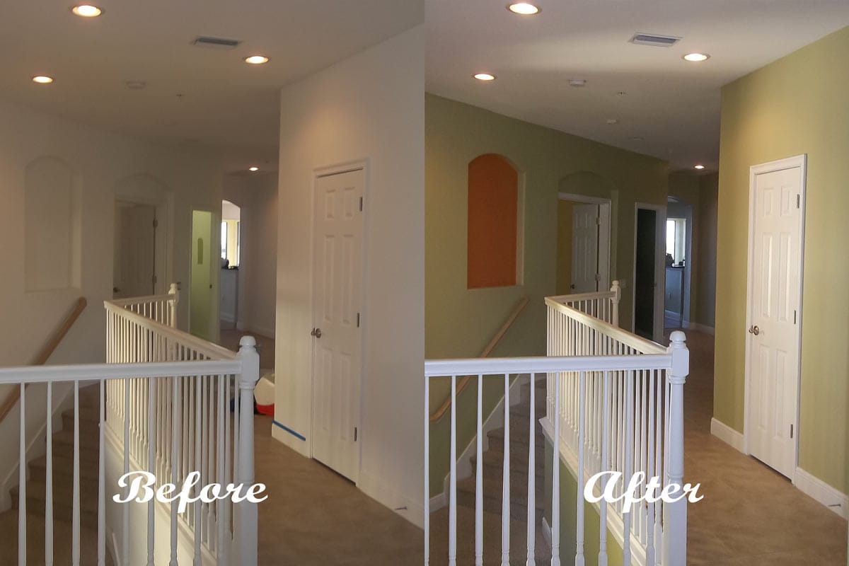 Interior Upstairs Hallway Before & After Wall Painting