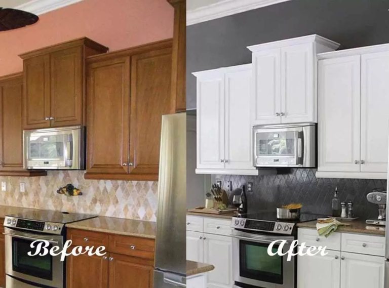 Before and after kitchen cabinet refinishing in Sarasota — honey oak cabinets repainted white by Ultimate Services Co.