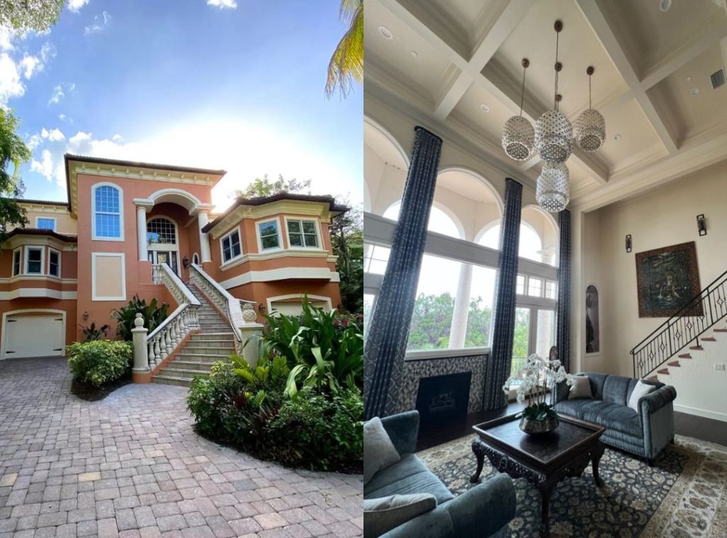 Completed exterior and interior painting project on a two-story Sarasota home by Ultimate Services Co. — terracotta stucco exterior with cream trim and high-ceiling living room with coffered ceiling detail