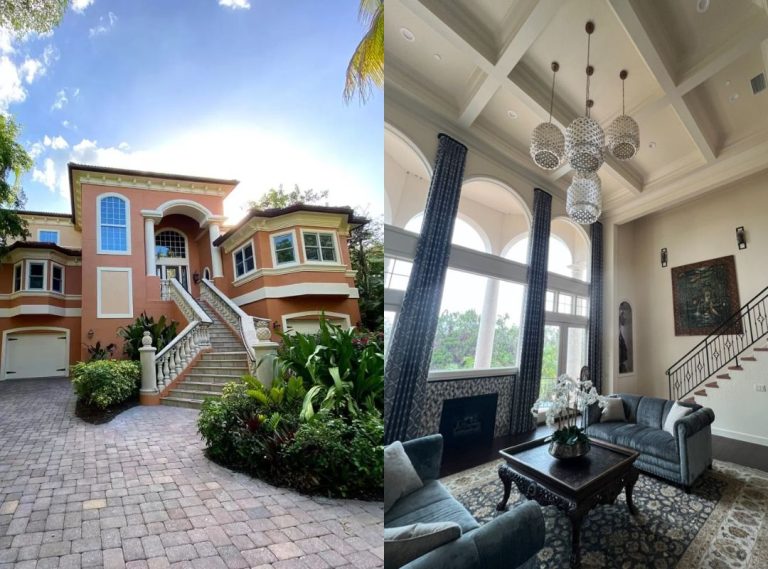 Completed exterior and interior painting project on a two-story Sarasota home by Ultimate Services Co. — terracotta stucco exterior with cream trim and high-ceiling living room with coffered ceiling detail